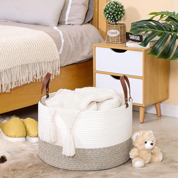 KAKAMAY Large Blanket Basket (20"x13"),Woven Baskets for storage Baby Laundry Hamper,Cotton Rope Blanket Basket for Living Room, Laundry, Nursery, Pillows, Baby Toy chest (White/Beige)-VerdiqueGarden