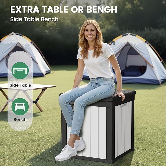 50 Gallon Storage Box, Waterproof Deck Box for Indoor & Outdoor Use, Lockable Pool Storage Bin for Package Delivery, Outdoor Bench for Patio Cushions, Garden Tools, Backyard, Black & White-VerdiqueGarden