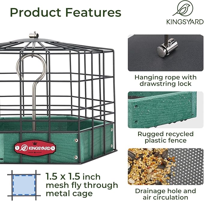 Kingsyard Squirrel Proof Platform Bird Feeders for Outdoor Hanging, Caged Bird Feeder for Small Wildbirds, Recycled Plastic Feeding Platform with Metal Seed Tray, Green-VerdiqueGarden