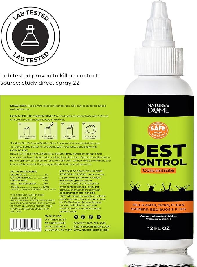 Nature's Dome 12 oz Pest Control Concentrate – Makes 1 Gallon – Eco-Friendly, Plant-Based Formula for Ant, Roach, Spider, Fly, Flea & Insect Control – Child & Pet Safe for Indoor/Outdoor Use-VerdiqueGarden