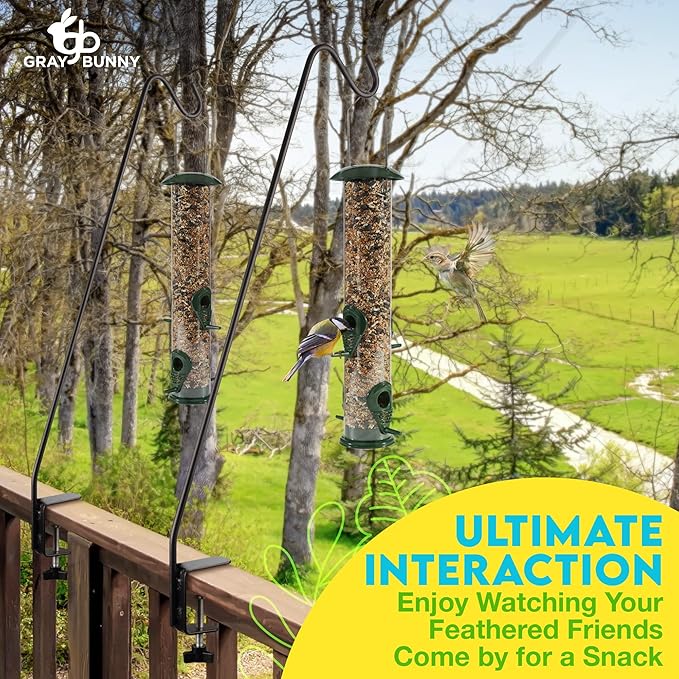 Gray Bunny Deck Hook 2 Pack, 30 Inch Bird Feeder Pole, with Non-Slip Clamp Deck Bird Feeder Hanger for Railing for Feeders, Planters, Suet Baskets, Lanterns, Wind Chimes and More-VerdiqueGarden