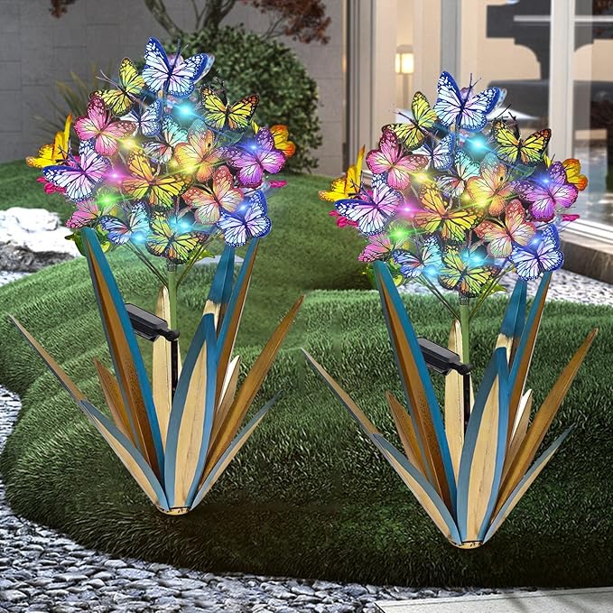Homight Solar Metal Agave Butterfly Flower Stick Garden Sculpture - Outdoor Gift, Christmas Lights - Swaying Butterfly Garden Lights (2 PCS Blue)-VerdiqueGarden