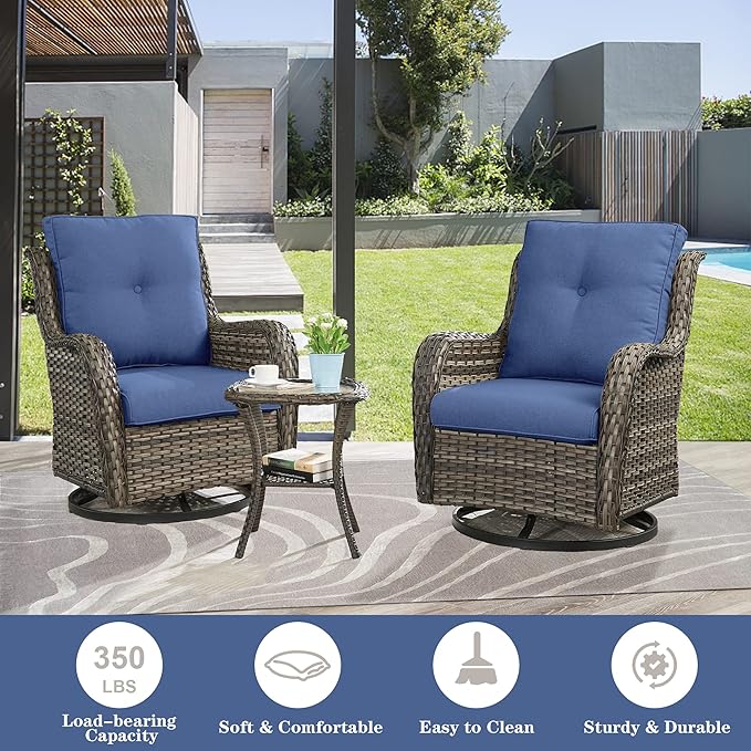Outdoor Furniture Sectional Sofa L Shaped Couch - Patio Wicker Set with 2 Swivel Glider Chairs, 8 Piece Rattan Patio Conversation Sets with Blue Cushion for Deck Backyard Sunroom-VerdiqueGarden