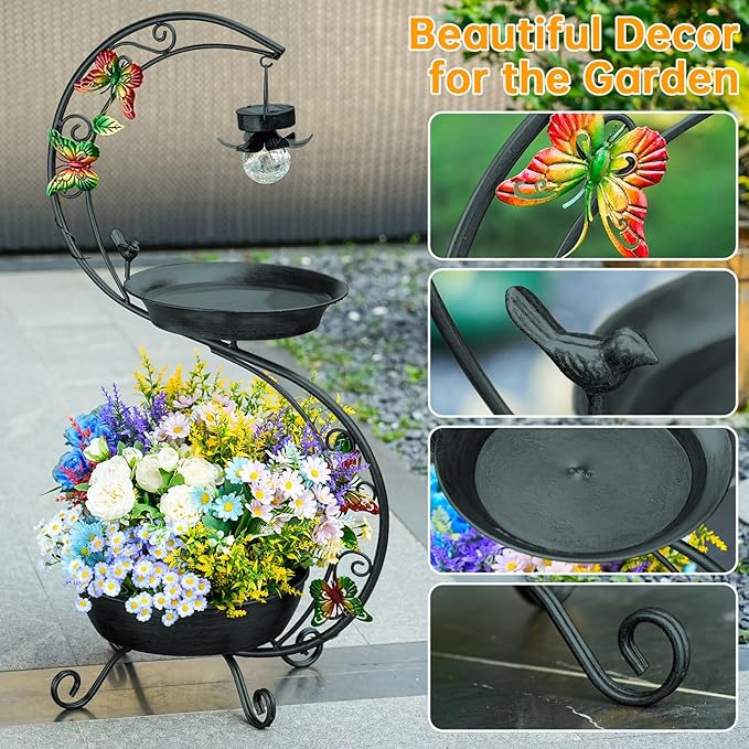 Bird Bath for Outside with Solar Lamp, 36" Birdbaths for Outdoors with Planter Flower Pot, Metal Bird Bath Bowl for Garden Yard Decor (All Black)-VerdiqueGarden
