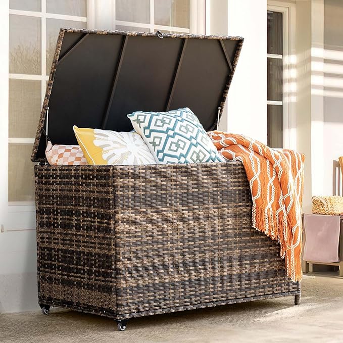 178 Gallon Outdoor Storage Box, Handle Large Portable Wicker Rattan Deck Box for Patio Furniture Cushions, Patio Deck Box with 2 WheelsThrow Pillows, Garden Tools and Pool Floats (Brown)-VerdiqueGarden