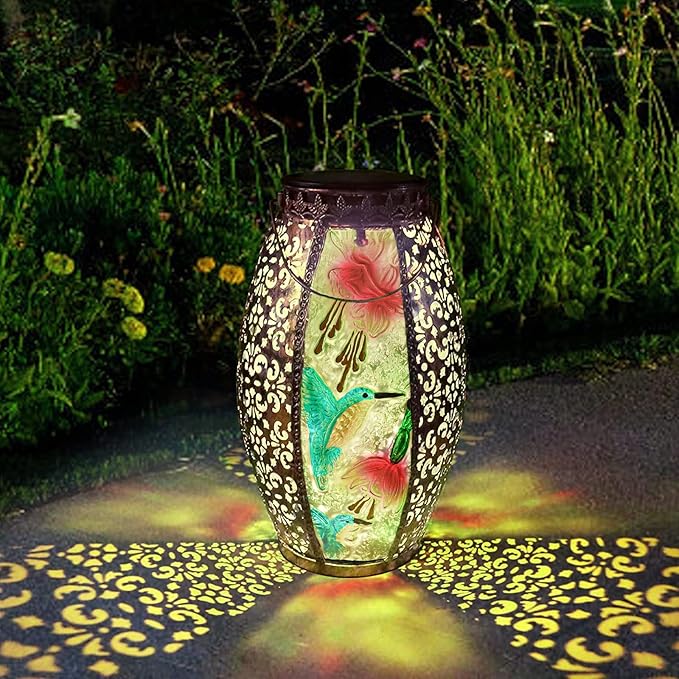 Solar Lanterns Outdoor Hanging Light - Solar Powered Hummingbird Glass LED Lights Decorative Waterproof Tabletop Lamp with Hollowed-Out Design for Indoor Yard Table Patio Garden Pathway Holiday-VerdiqueGarden