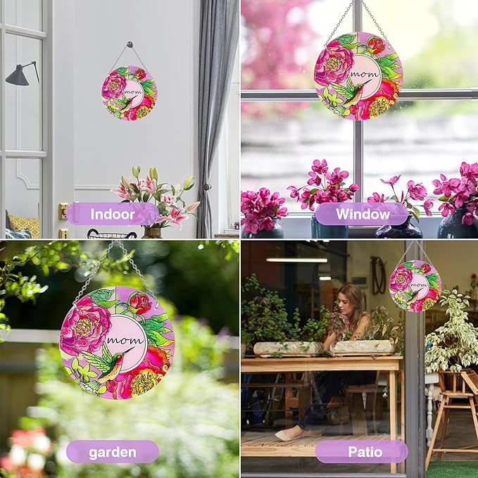 Hummingbird Gifts for Mom, Stained Glass Bird Window Hangings, Sun Catcher Ornament Hanging for Windows, Hummingbird Suncatcher for Women, Mother's Day Birthday Christmas (Suction Cup, 6in)-VerdiqueGarden