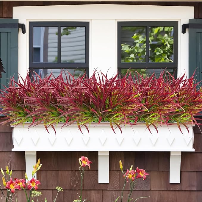 Uieke 6 Bundles Artificial Outdoor Plants UV Resistant Fake Grass Plants Faux Plastic Plants Greenery Shrubs for Home Garden Pathway Window Box Front Porch Summer Fall Decor, Deep Red-VerdiqueGarden