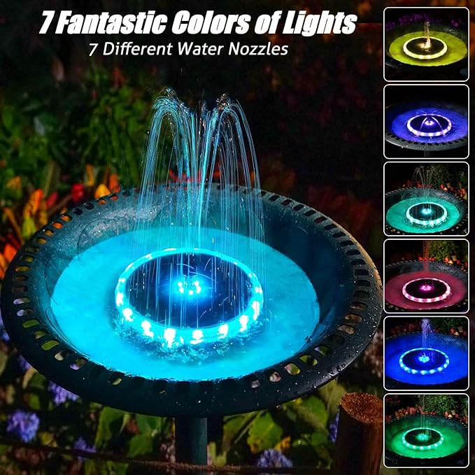 SZMP Solar Fountain, 4W Solar Powered Bird Bath Fountains with 4000 Battery, Color LED Lights, Outdoor Water Feature Fountain Pump with 7 Nozzle and 4 Fixers for Garden, Patio, Pond, and Pool-VerdiqueGarden