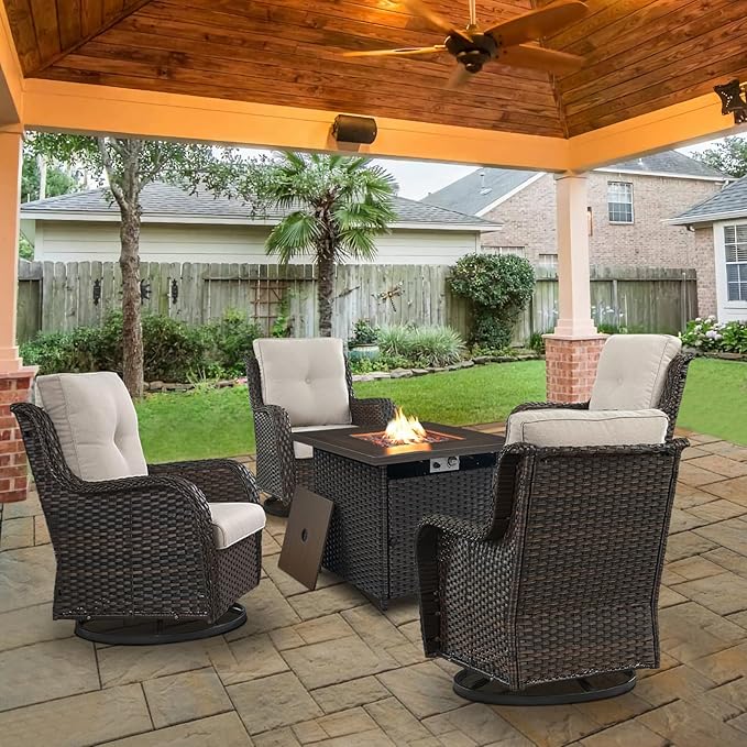 5 Pieces Patio Wicker Furniture Set - 4 Outdoor Swivel Rocker Glider Chairs with Propane Fire Pit Table, Warm Patio Conversation Set Beige Cushion Perfect for Casual Gathering-VerdiqueGarden