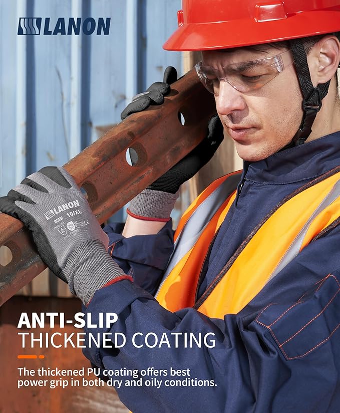 LANON 18 Pairs Safety Work Gloves, Mechanic Working Gloves for Men,Breathable PU Coated, Seamless Knit,Double Wash, Grey, Medium-VerdiqueGarden