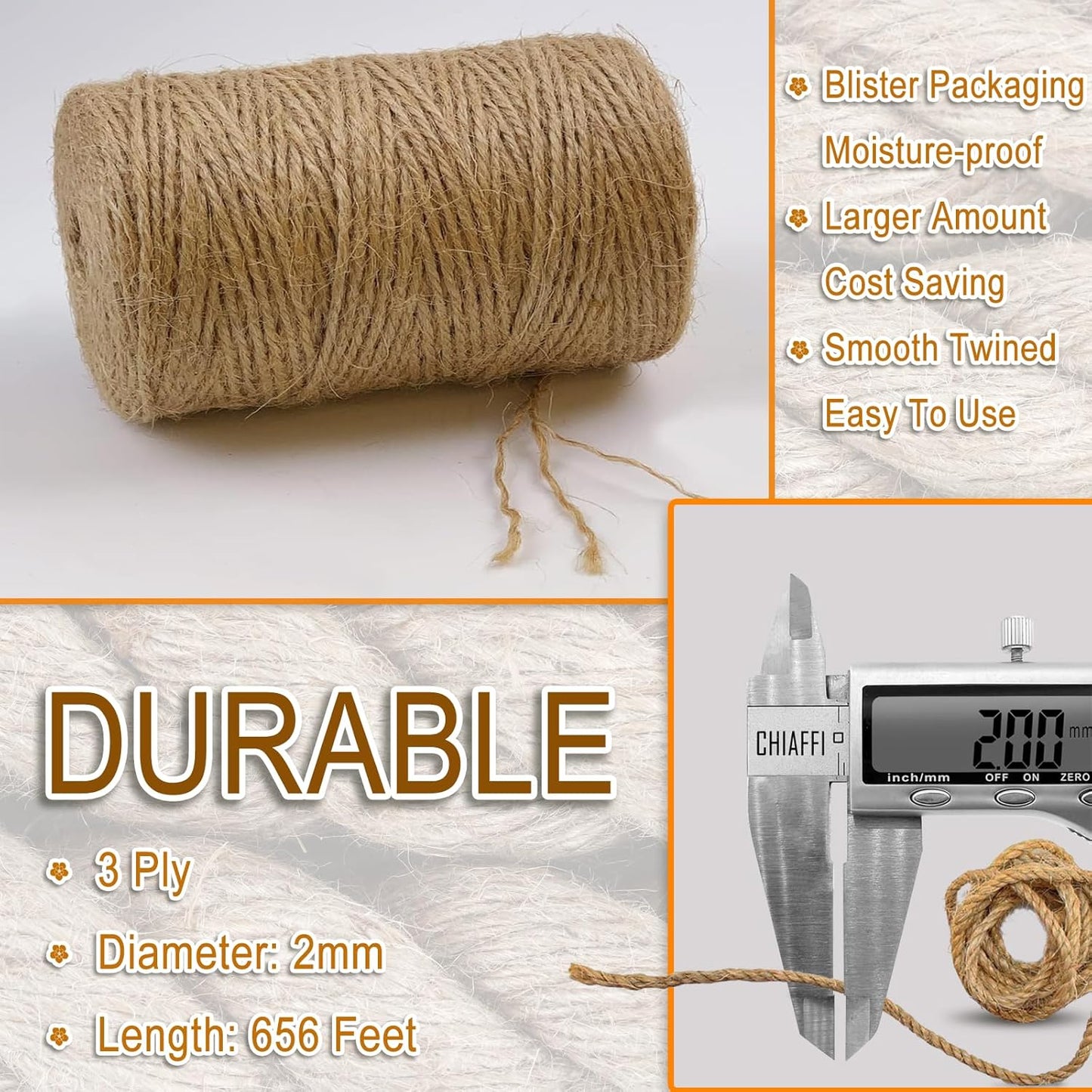 656 Feet 3Ply Jute Twine String, 2mm Natural Brown Thick Twine Rope for Crafts, Gardening, Tomato, Climbing Plant, Tie Floristry, Gift Wrapping Packing, Christmas, Wedding Decor-VerdiqueGarden