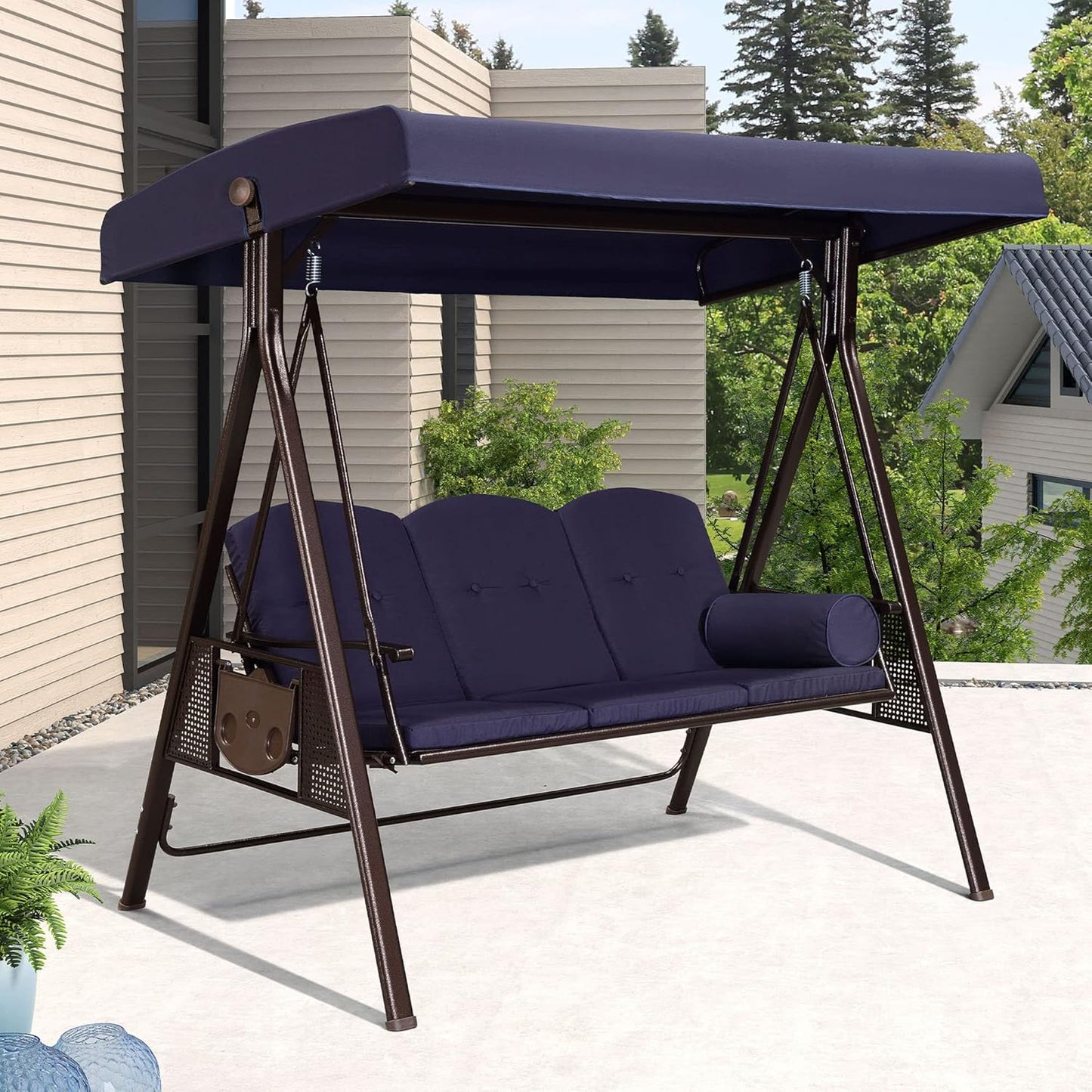 PURPLE LEAF 3-Seat Deluxe Outdoor Patio Porch Swing with Weather Resistant Steel Frame, Adjustable Tilt Canopy, Cushions and Pillow Included, Navy Blue-VerdiqueGarden