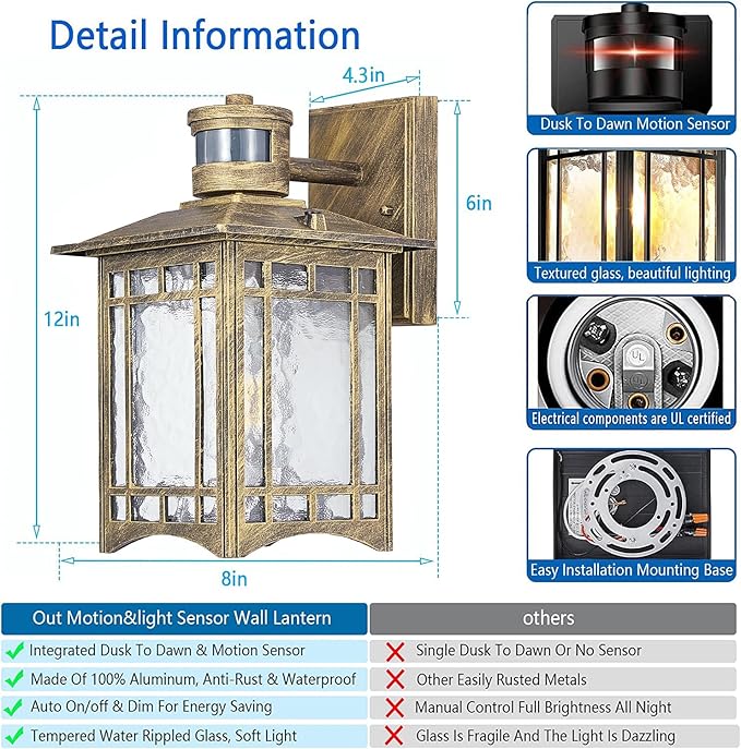 Bronze Outdoor Motion Sensor Lights - Dusk to Dawn Lighting Fixture for Outside House Exterior - Wall Mount Porch Lantern with Yard Front Motion Detector - Garage Patio Anti-Rust Light-VerdiqueGarden