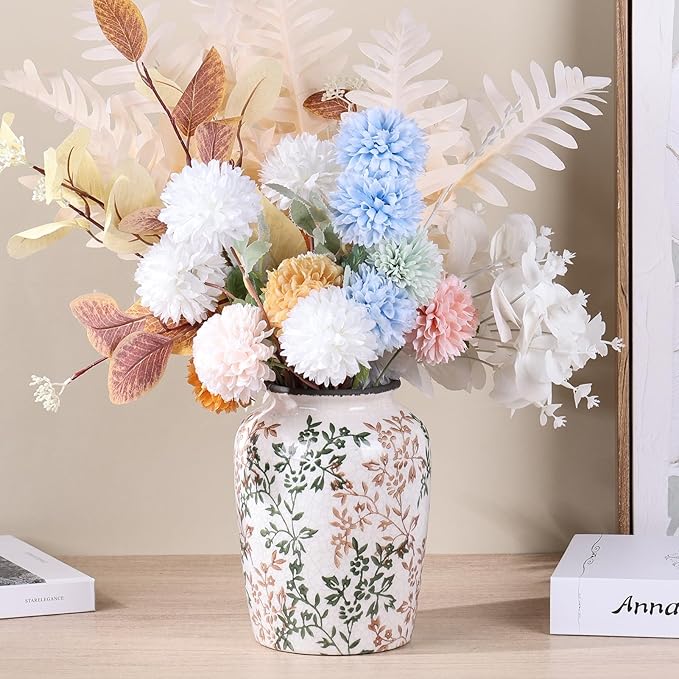 Vintage Vase for Flowers,Green Chinoiserie Ceramic Vase,Rustic Farmhouse Cracked Vases,for Flower Arrangement,Living Room, Office, Shelf, Fireplace Tables,Centerpieces,Chinoiserie Pottery Decor(D)-VerdiqueGarden