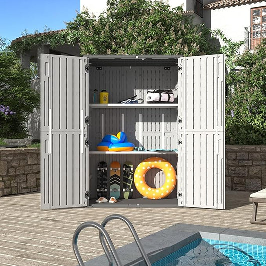 Aoxun 64 Cu.Ft Outdoor Storage Shed with Floor and 2 Shelves, Waterproof Horizontal Resin Cabinet for Garage Storage, Pool Storage, Bike Shed, Garden Shed-VerdiqueGarden