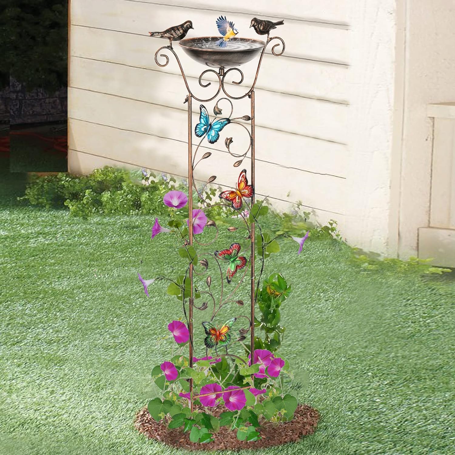 SUNNYPARK Bird Bath with Trellis Outdoor, Antique Garden Iron Trellis with Decorative Butterflies Detachable Bird Bowl Metal Potted Plants Support for Climbing Flowers-VerdiqueGarden