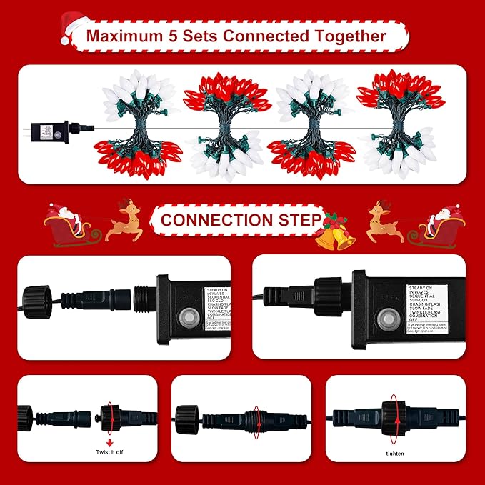 C9 Bulbs Classic Christmas Lights - 50 LED 32ft Strawberry String Light Red&White - Extendable 8 Modes Funtion with Timer Fairy Lighting for Outdoor, Indoor, Party, Home, Tree Decorations-VerdiqueGarden