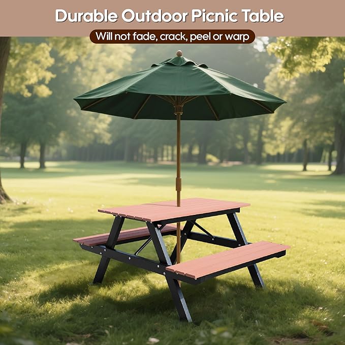 6FT Outdoor Picnic Table and Bench Set with 2" Umbrella Hole, WPC Tabletop Seattop Patio Dining Set for 6 People, Outdoor Dining Table and Chair for Park Garden Yard Patio- Brown-VerdiqueGarden