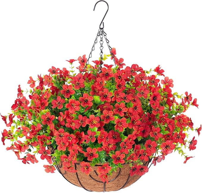 Artificial Fake Hanging Red Plants Flowers Basket for Outdoor Fall Winter Christmas, Faux Silk Daisy Mums Look Real UV Resistant for Outside Porch Home Patio Garden Yard Decoration-VerdiqueGarden