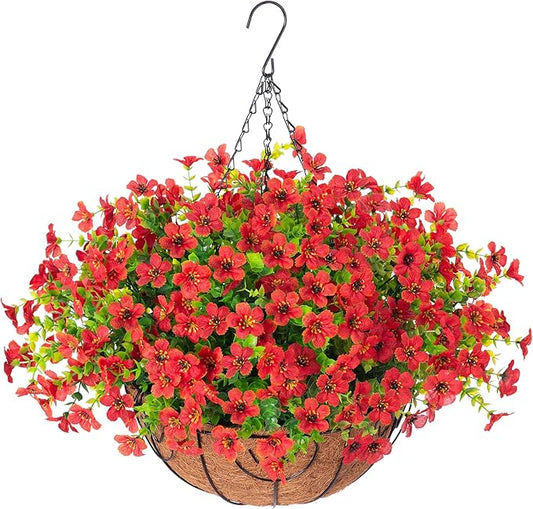 Artificial Fake Hanging Red Plants Flowers Basket for Outdoor Fall Winter Christmas, Faux Silk Daisy Mums Look Real UV Resistant for Outside Porch Home Patio Garden Yard Decoration-VerdiqueGarden