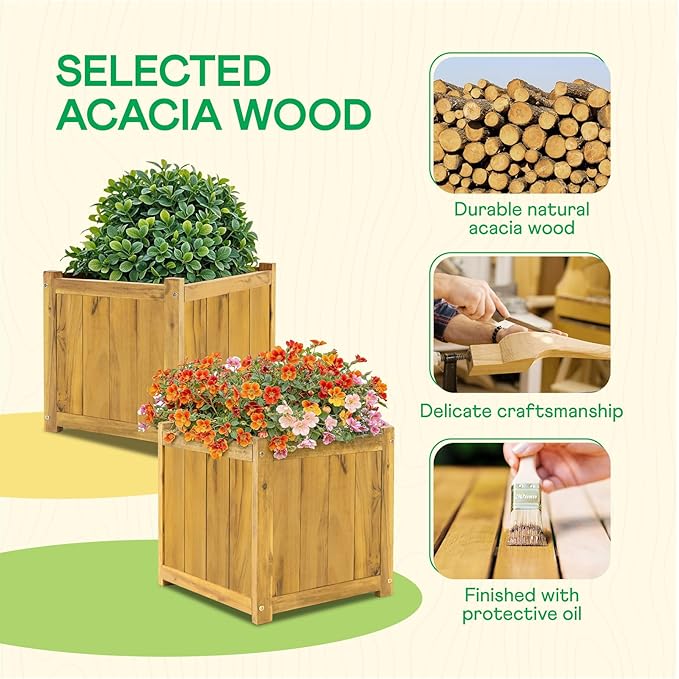 IDZO Set of 2 Acacia Wood Flower Planters for Outdoor Plants, Ergonomic Handles, Drainage Holes, Various Sizes, Ideal for Home Décor, Golden Teak-VerdiqueGarden