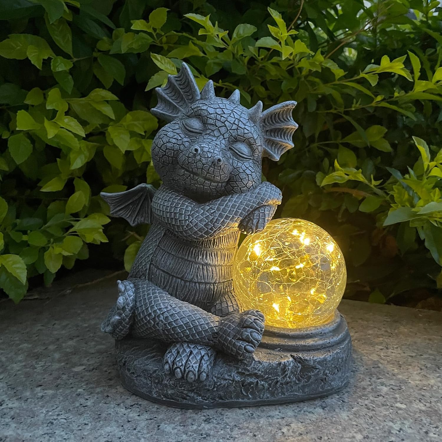 Garden Dragon Figurine Solar Powered Outdoor Cute Dragon with Hold Glowing Glass Ball Resin Sculpture for Porch Patio Lawn Farm Yard Home Decoration Gift for Women Housewarming-VerdiqueGarden