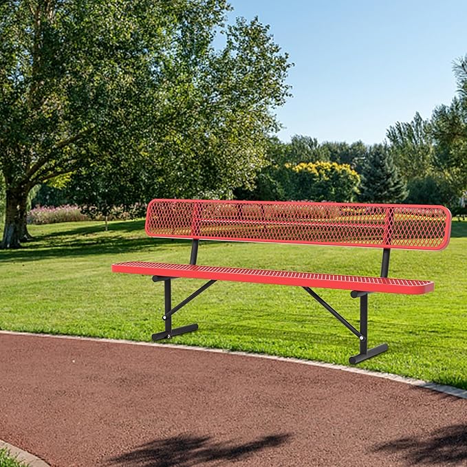 4/6/8 Feet Park Bench for Outside Heavy Duty Metal, Garden Benches Outdoor Bench with Backrest & Portable Frame, for Shopping Malls Stores Parks Patios Decks, Red-VerdiqueGarden