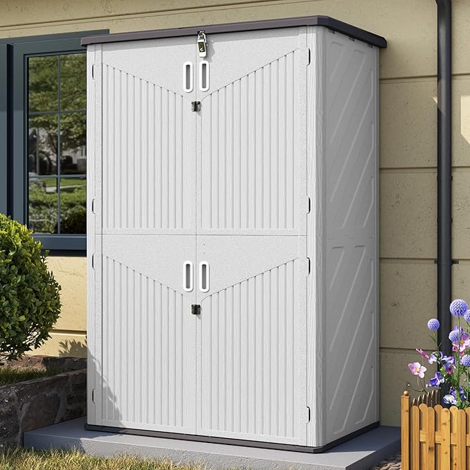 Aoxun Outdoor Storage Shed, 64 Cu.Ft Vertical Storage Sheds Outdoor with Floor, Outdoor Waterproof Storage Cabinet for Garage Storage, Pool Storage, Bike Shed, Garden Shed (White)-VerdiqueGarden