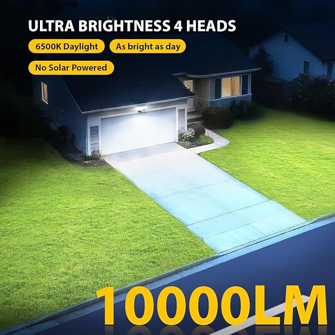 90W 10000LM LED Security Lights Motion Sensor Outdoor Lights, 4 Head Dusk to Dawn, 6500K Daylight Flood Lights Outdoor Motion Sensor, IP65 Waterproof, Motion Light for Outside, Garage, Yard, Porch-VerdiqueGarden
