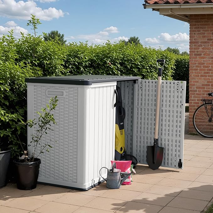 Devoko Outdoor Storage Cabinet 26 Cu Ft with Lockable Doors, Horizontal Storage Shed Waterproof Patio Tools Storage Box for Sofa Cushions, Gardening Tools and Accessories (White)-VerdiqueGarden