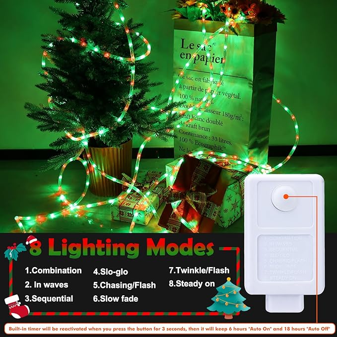 200ft LED Rope Lights Outdoor, 1440 LED Connectable and Flexible Tube Lights with 8 Modes, Waterproof LED Rope Lighting for Garden Patio Pool Bedroom PartyIndoor Outdoor Christmas Decor (Red & Green)-VerdiqueGarden