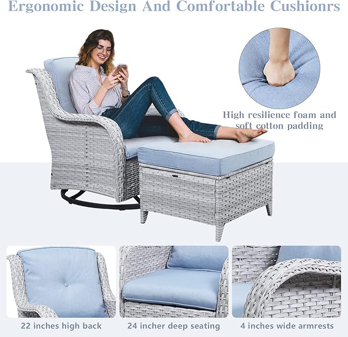 Outdoor Swivel Rocker Furniture 5 Pieces Patio Wicker Furniture Sets, Rattan Patio Swivel Glider Chairs with 2 Ottoman and Glass Side Table-VerdiqueGarden