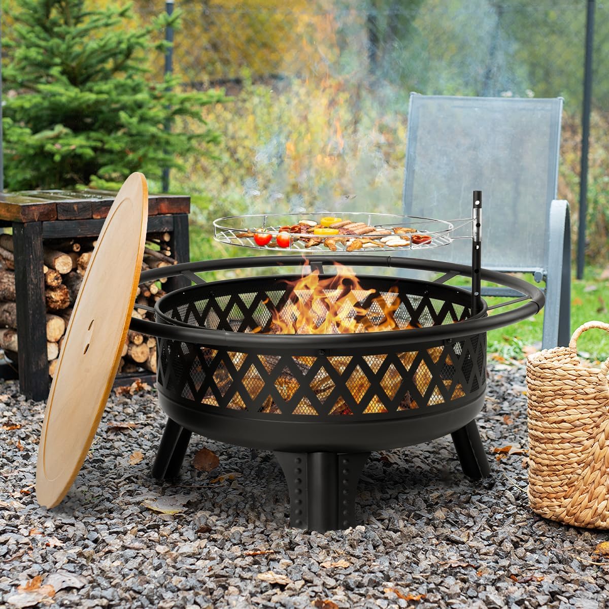 38 Inch Wood Burning Fire Pit for Outside, Round Firepit with Grill & Metal Lid, Metal Outdoor Fire Pit Table for Patio Backyard Garden Bonfire Party-VerdiqueGarden