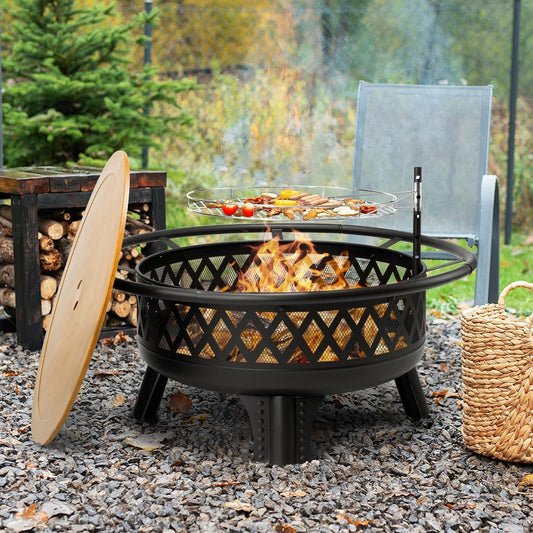 38 Inch Wood Burning Fire Pit for Outside, Round Firepit with Grill & Metal Lid, Metal Outdoor Fire Pit Table for Patio Backyard Garden Bonfire Party-VerdiqueGarden