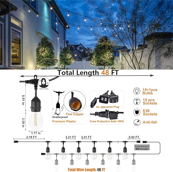 Achin Outdoor String Lights 48FT Dimmable Warm 2200K LED Patio Lights Outdoor Waterproof with 16 Plastic Bulbs Shatterproof String Lights for Outside Deck Gazebo Bistro Lights-VerdiqueGarden