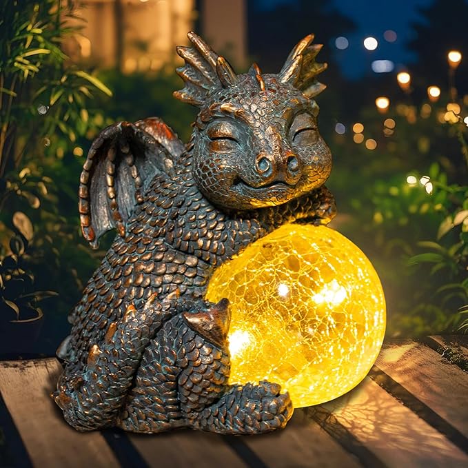 WONDER GARDEN Dragon Statue - Sleeping Dragon Figurines Solar Light Resin Garden Statues with Crackled Glass Globe Outdoor Waterproof Lawn Ornament Decor-VerdiqueGarden