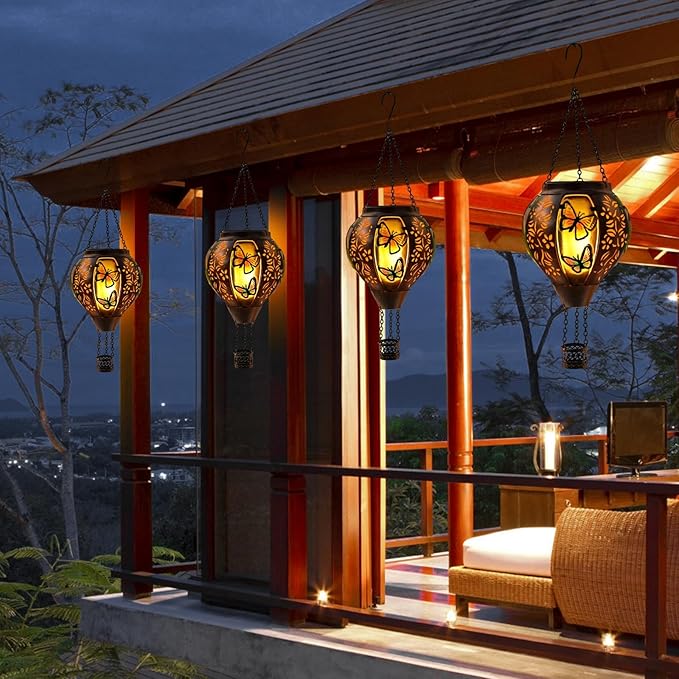 Hot Air Balloon Solar Lantern Outdoor - Flame Hanging Solar Light Waterproof Lanterns for Patio Garden Yard Farmhouse Decor, Great Gift(Butterfly)-VerdiqueGarden