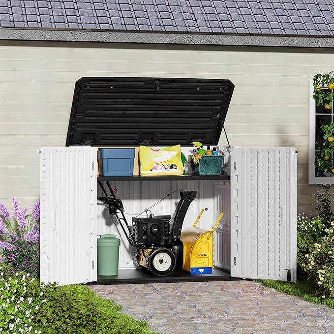 HOMSPARK Storage Shed Weather Resistance, Multi-Purpose Outdoor Storage Cabinet for Backyards and Patios, Horizontal Storage Shed for Lawnmower, Patio Accessories (Off-White, Large - 48 cu.ft)-VerdiqueGarden