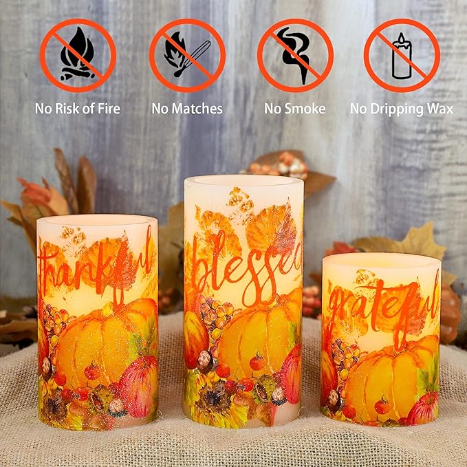Thanksgiving Blessings LED Candles Pumpkin Glitter Desgin Real Wax Flickering Flameless Fall Harvest Battery Operated with Remote Timer 6H for House Warming Gifts New Home Table Tary Decor-VerdiqueGarden