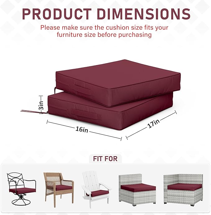 Patio Chair Cushions 17 X 16 X 3 Inch Waterproof Outdoor Seat Cushions for Patio Furniture, Outdoor Sofa Couch Pads with Ties & Handle, Set of 2, Burgundy-VerdiqueGarden