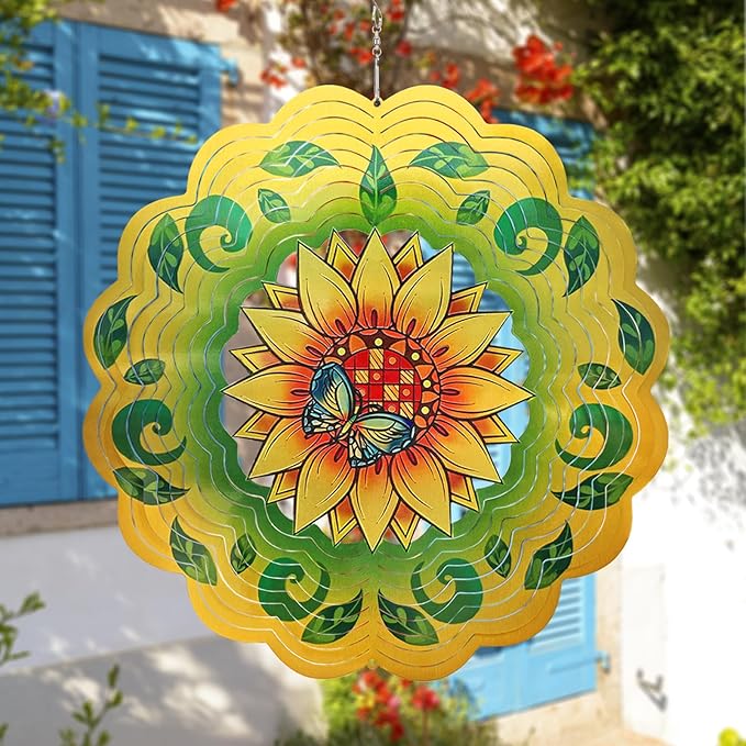 Sunflower Wind Spinners 3D Hanging Wind Spinner Sunflower Ornament Gifts for Women Mom Grandma,12inch Metal Wind Kinetic Sculpture for Outdoor&Indoor Decor, Yard Art, Garden Decoration-VerdiqueGarden