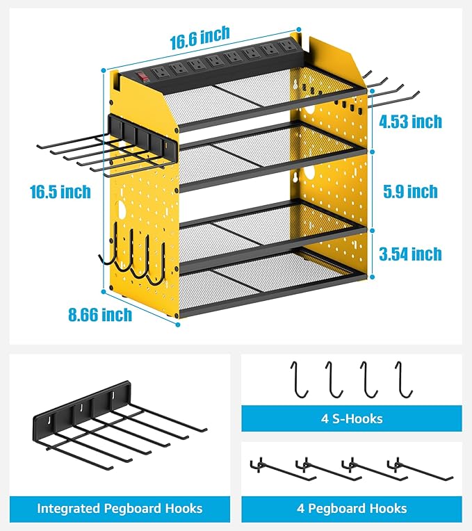 CCCEI Modular Desk Power Tools Organizer with Charging Station, 4 Layer Drills Battery Storage Wall Mount, Garage Shop Organization, Anniversary, Birthday, Gifts for Men, Father, Yellow, 6FT Cord.-VerdiqueGarden