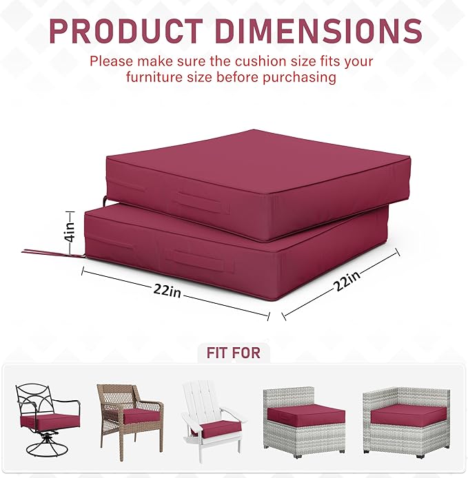 Patio Chair Cushions 22 X 22 X 4 Inch Waterproof Outdoor Seat Cushions for Patio Furniture, Outdoor Sofa Couch Pads with Ties & Handle, Set of 2, Fuchsiared-VerdiqueGarden