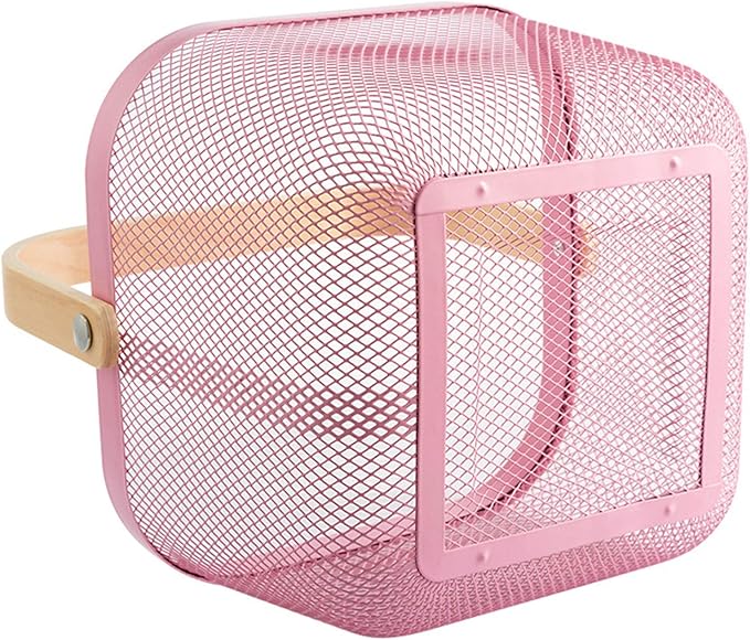 Metal Mesh Steel Basket, Storage Organizer Basket Multi-functional Hanging Kitchen Baskets Fruit Basket Bin with Bamboo Handle for Kitchen Bathroom Picnic Shopping Decor Cabinet Home, Pink-VerdiqueGarden