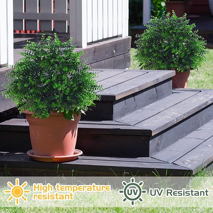 Yunlly 4 Pcs 18 Inch Artificial Boxwood Ball Topiary Tree Fake Outdoor Plants Bush, UV Resistance Faux Shrubs with Spike Realistic Greenery Potted for Indoor Garden Yard Porch Patio Decor (Green)-VerdiqueGarden