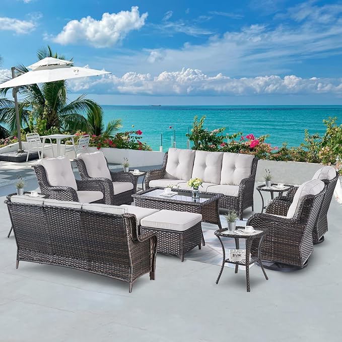 Wicker Patio Furniture Sets - 13 Piece Outdoor Rattan Furniture Conversation Sets with 4 Swivel Rocker Chairs, 2 Rattan Sofas, Wicker Ottomans and Coffee Table, Brown/Beige-VerdiqueGarden