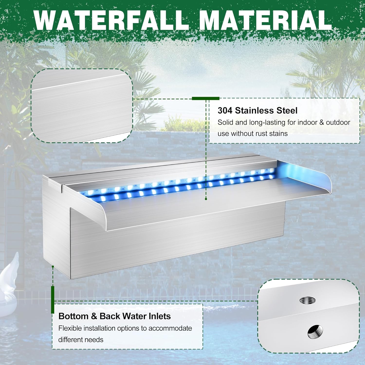 LONGRUN Waterfall Pool Fountain, Updated 5.9'' Wider Open Lip Stainless Steel Waterfall Spillway, Decorative Water Feature for Swimming Pools, Koi Ponds, Spa & Garden - 23.6''-VerdiqueGarden