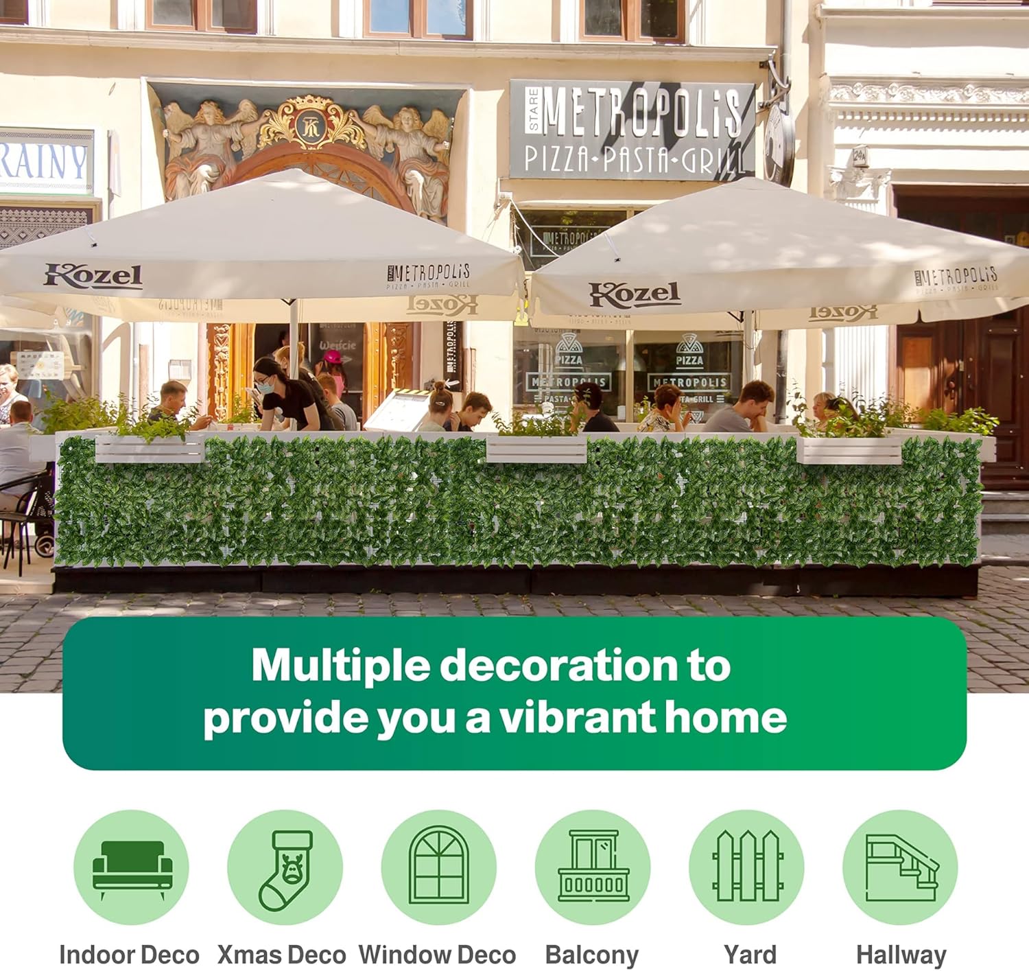 Jinwu Artificial Ivy Privacy Fence Screen, 39.4x118 Inch Artificial Faux Ivy Hedge, Expandable Faux Privacy Fence with 80 pcs Zip Ties Decoration for Outdoor Garden, Color Printing Watermelon Leaves-VerdiqueGarden