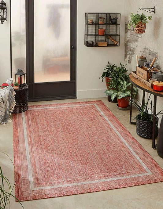 Unique Loom Outdoor Border Collection Area Rug - Soft Border (3' 3" x 5' 3" Rectangle Rust Red/Ivory)-VerdiqueGarden